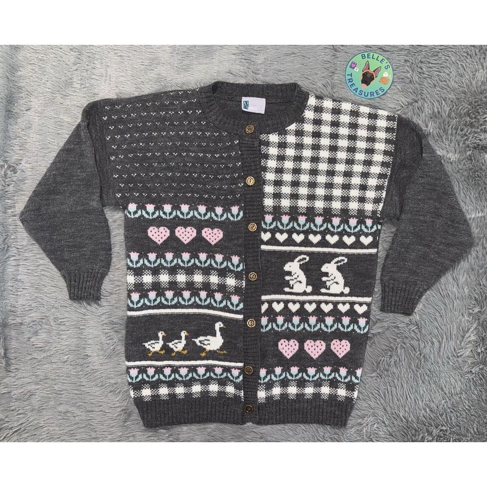 VTG  80's Large Needles Up Duck Rabbits Hearts Cardigan‎ Sweater USA Made Easter